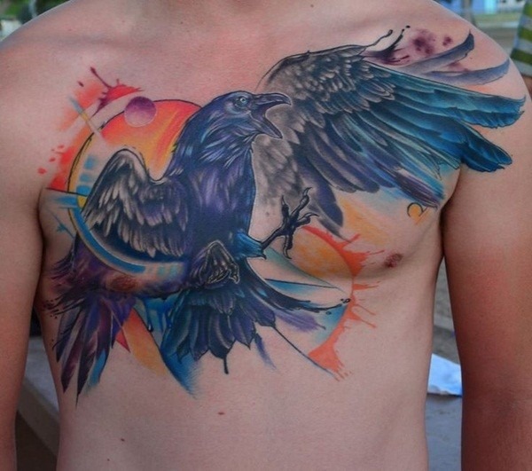 Colorful Raven At Sunset Chest Tattoo Tattoo Design