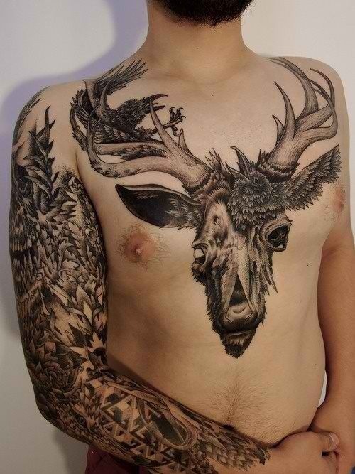 Decaying Stag Chest Tattoo Tattoo Design