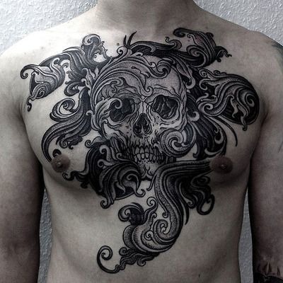 Decorated Skull Black andWhite TattooChest Tattoo Tattoo Design