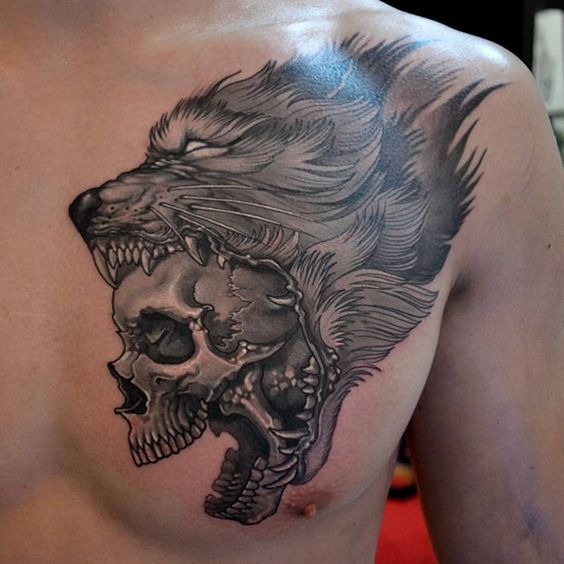 Growling Wolf-Skull Tattoo Chest Tattoo Tattoo Design