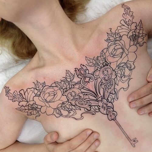 Key To My Heart Flowery Tattoo Chest Tattoo Tattoo Design