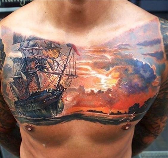 Ship At Sunset Tattoo Design