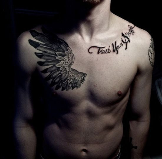 Shoulder Chest Wing and Word Tattoo Chest Tattoo Tattoo Design