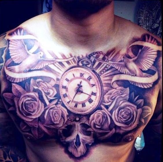 Vintage Clock with Roses Tattoo Chest Tattoo Tattoo Design