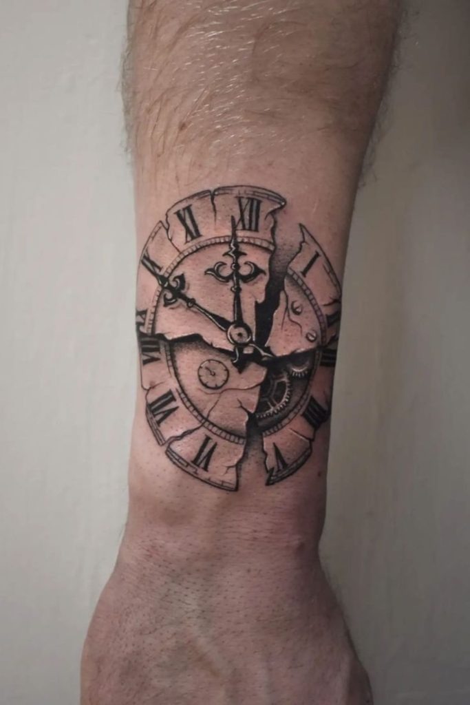 Broken clock with eye and rose Tattoo Design