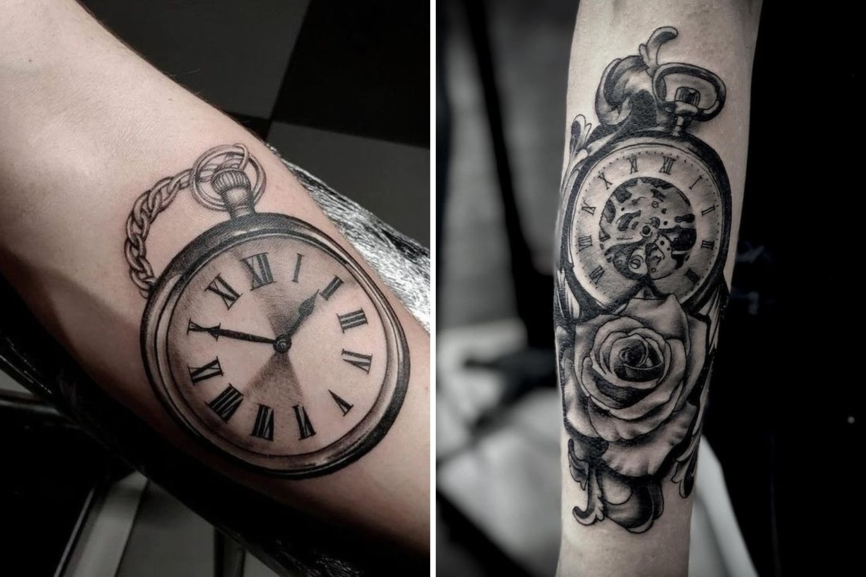 27+ Delicate Clock Tattoo Ideas With Roman Numeral Drawing Time Birth Date Rose and Family Themes Featured Lookbook Collage