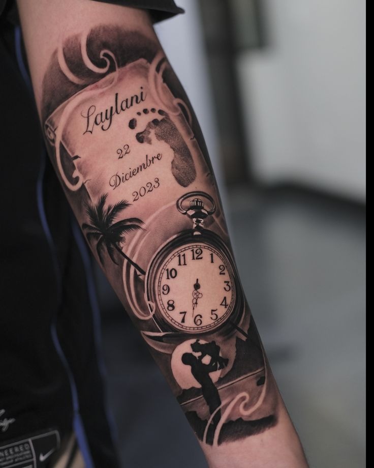 Rose-backed timepiece with bold shading Tattoo Design