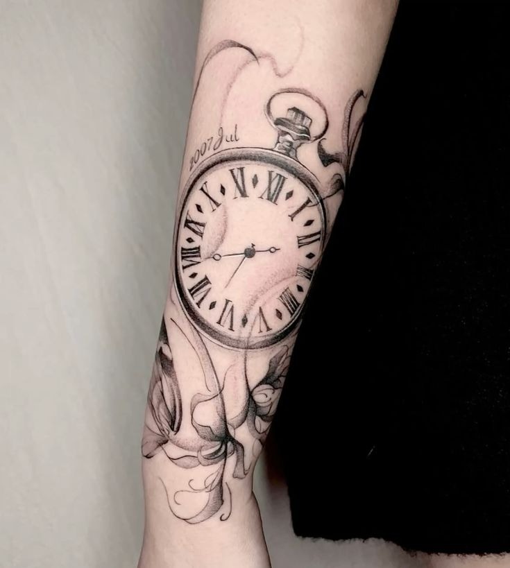 Winged time and floral fusion Tattoo Design
