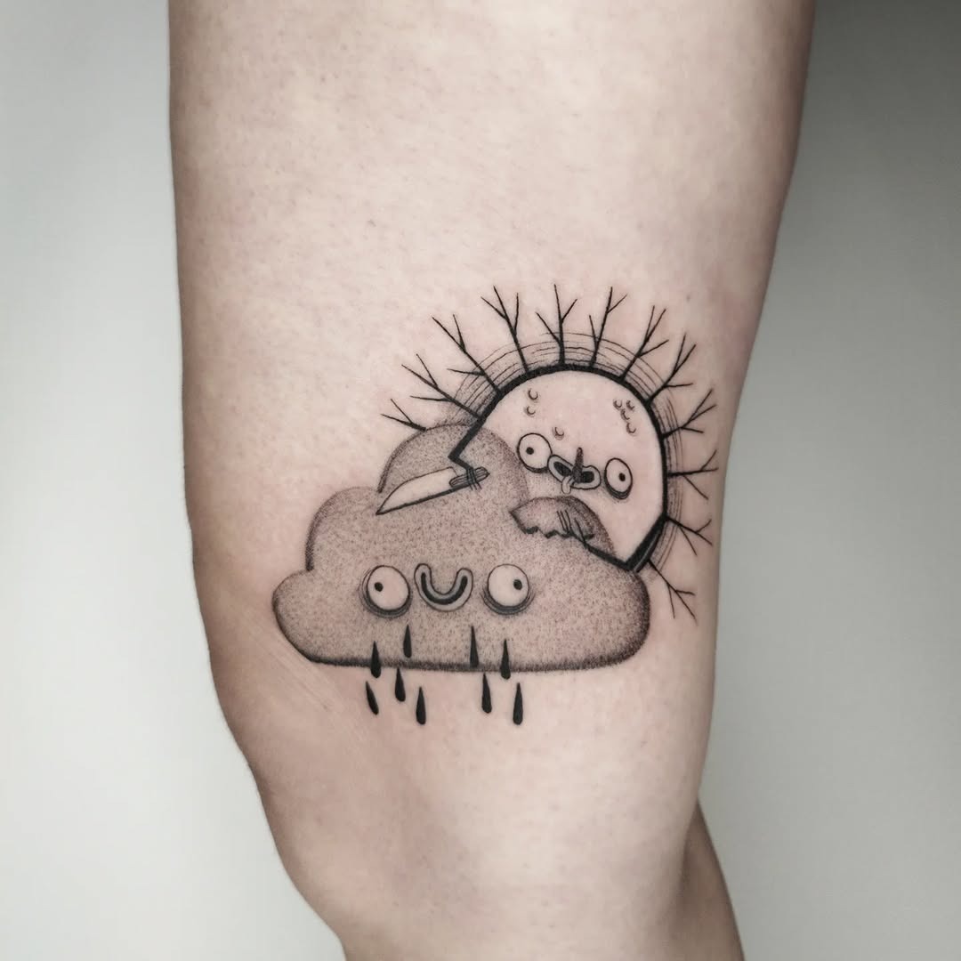 Adorable cloud tattoo with playful sun details Tattoo Design