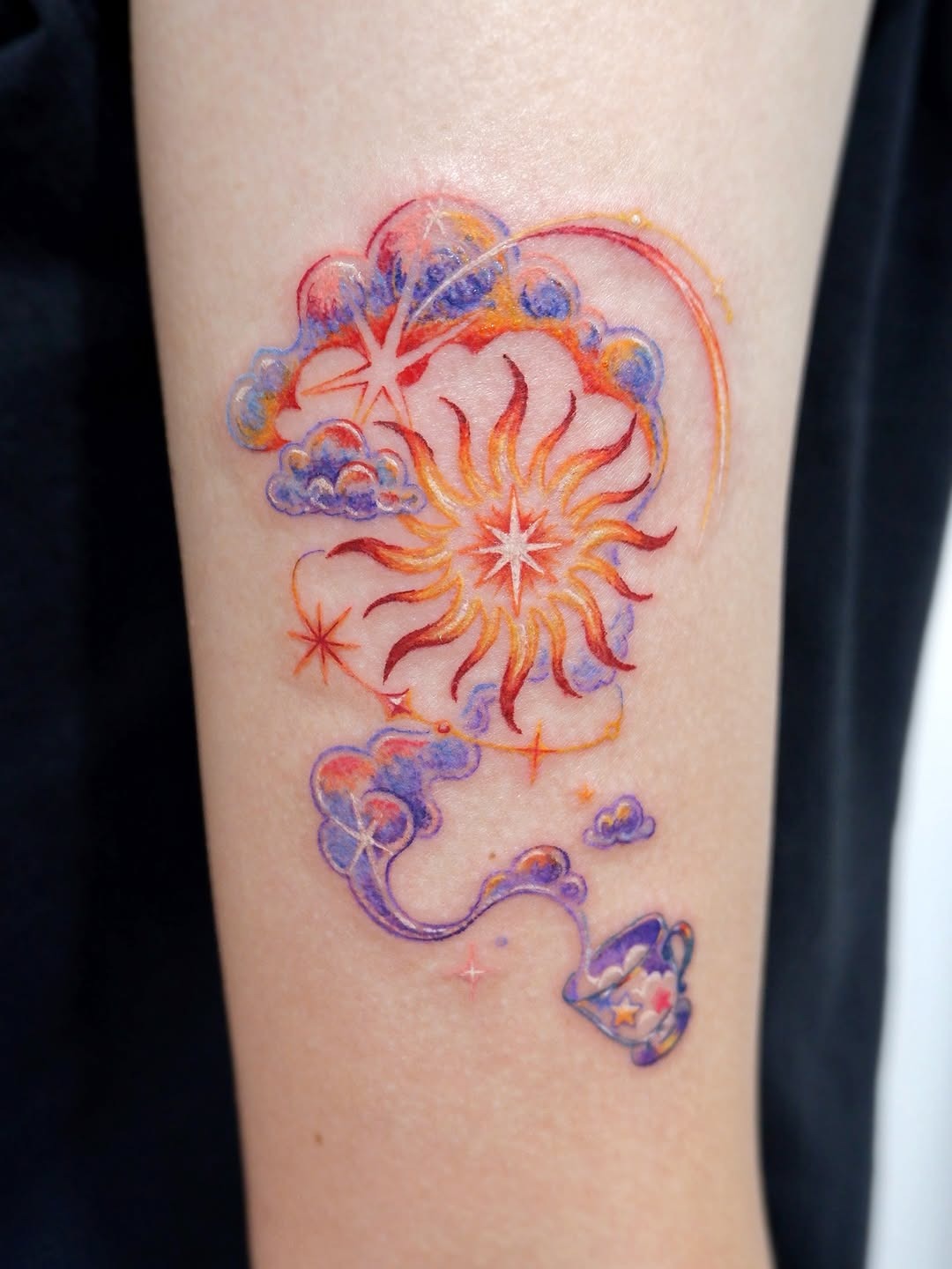 Colorful cloud and sun tattoo with stars Tattoo Design