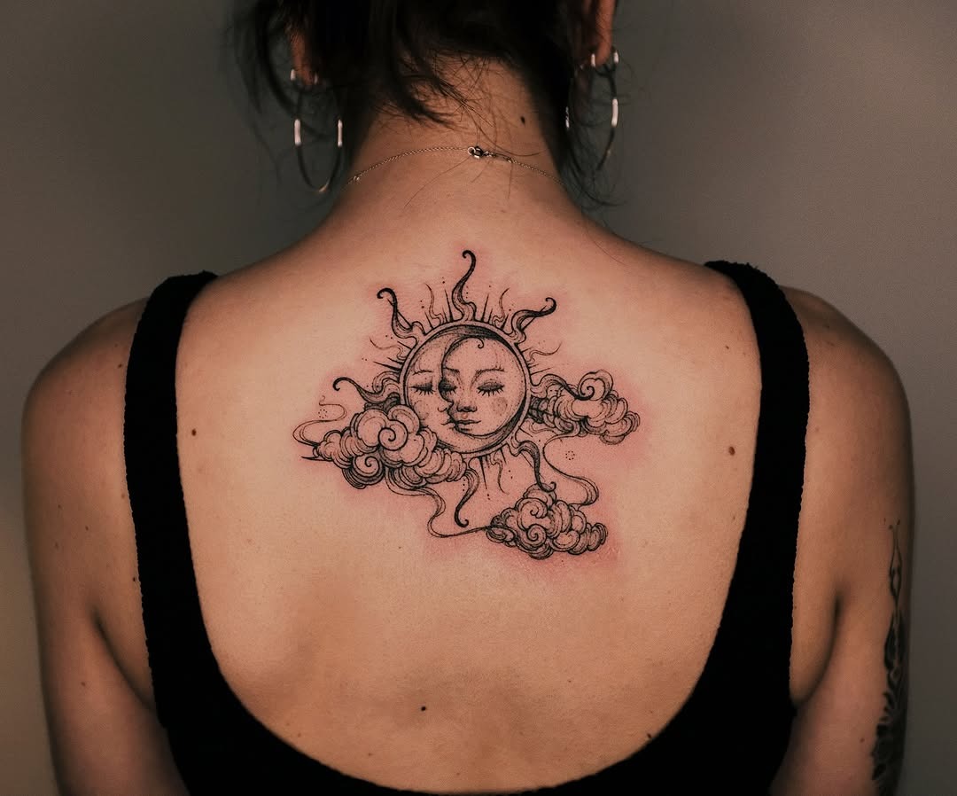 Elegant sun and cloud tattoo creation. Tattoo Design