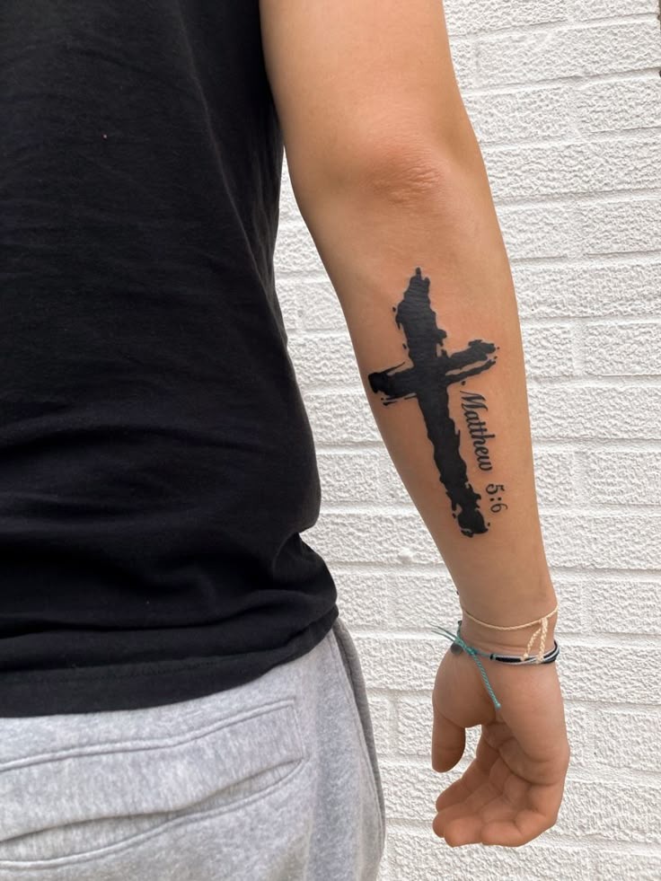 Bold Black Ink Cross with Scripture Tattoo Design