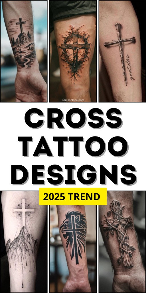 Bold Forearm Cross with Rosary Detailing Tattoo Design