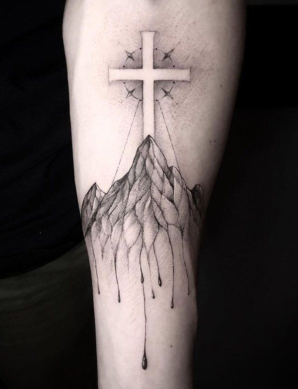 Cross on a Dripping Mountain Tattoo Design
