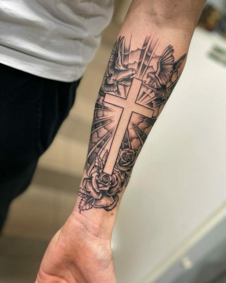 Cross with Roses and Doves Tattoo Design
