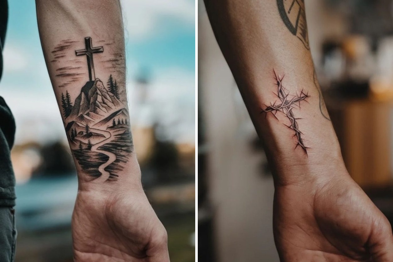 25+ Delicate Cross Tattoo Ideas For Men Unique Ideas on Forearm Arm Neck with Lion Rose Jesus and More Featured Lookbook Collage