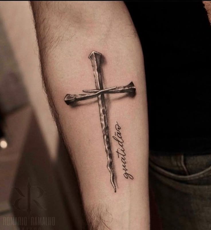Forged Iron Cross with Gratitude Tattoo Design