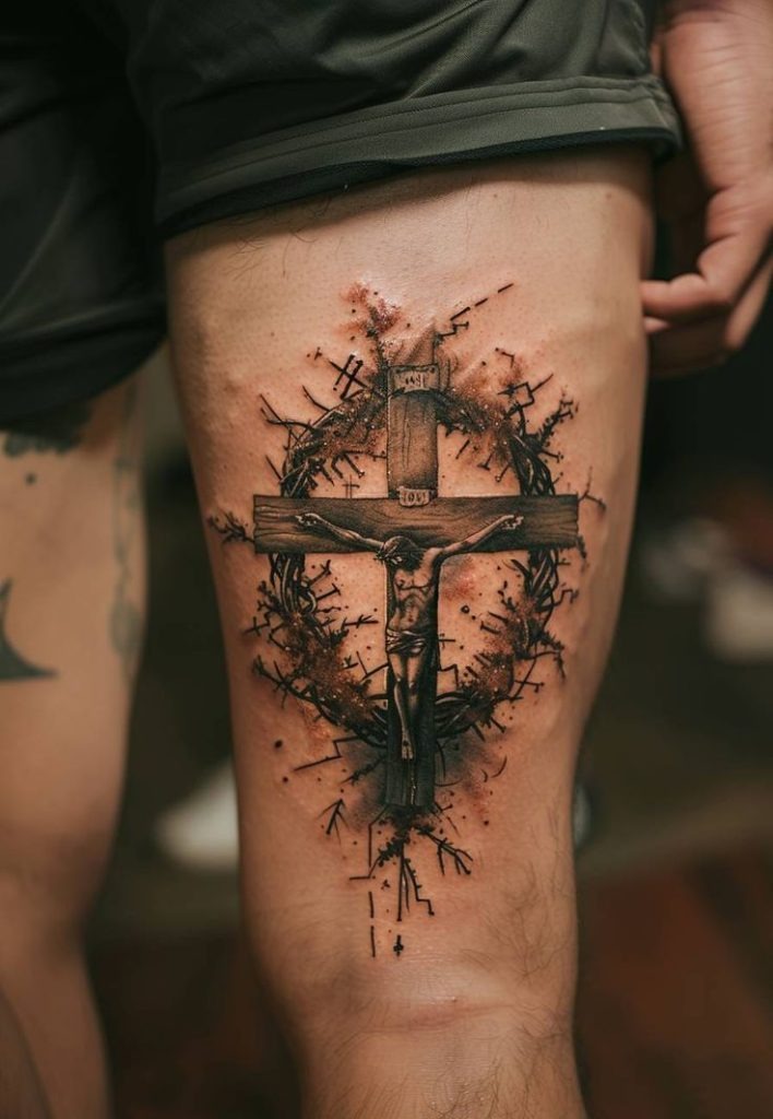 Jesus on the Cross with a Crown of Thorns Tattoo Design