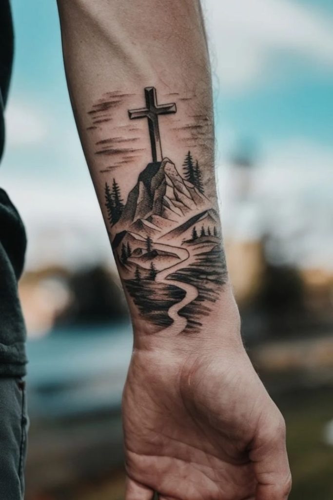 Majestic Cross on a Mountain Peak Tattoo Design