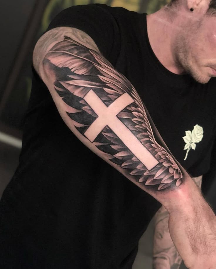 Smoky Cross with a Dove and Roses Tattoo Design