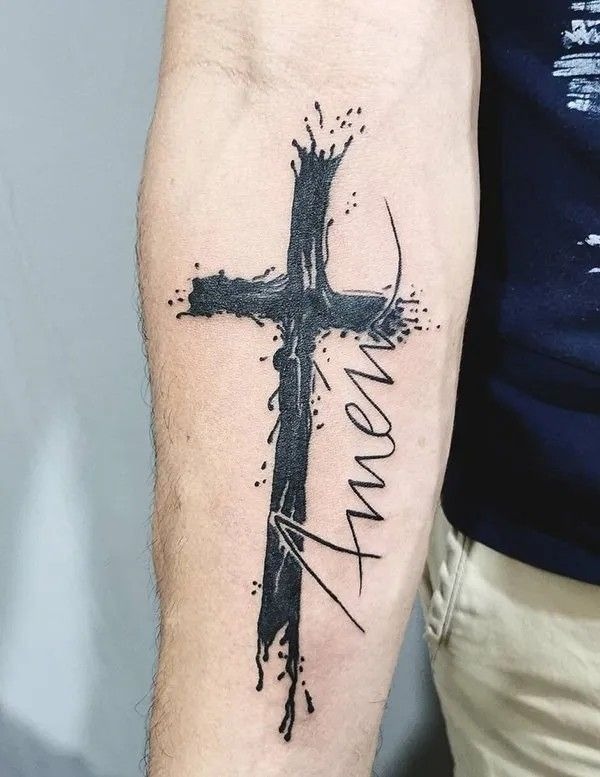 Watercolor Brushstroke Cross with ‘Amen’ Tattoo Design