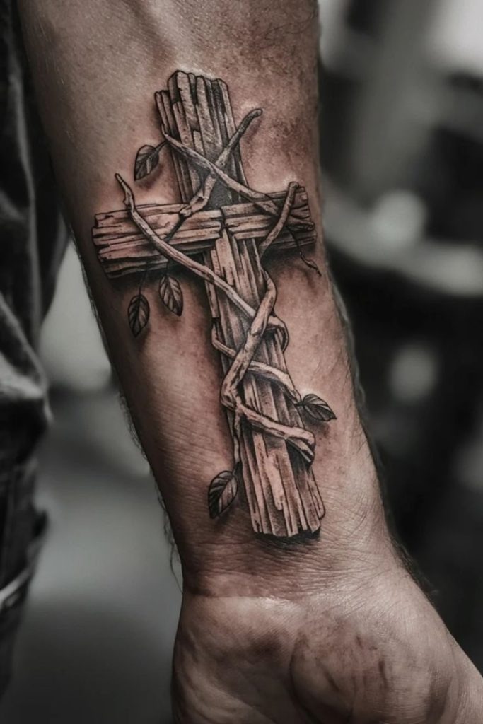 Wooden Cross with Twisting Vines Tattoo Design