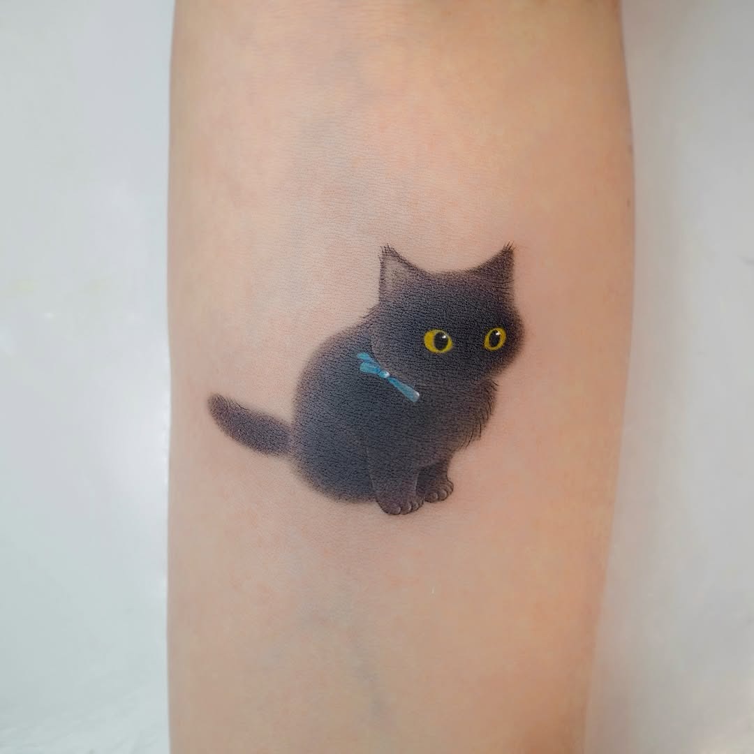 Adorable black cat tattoo with striking yellow eyes Tattoo Design