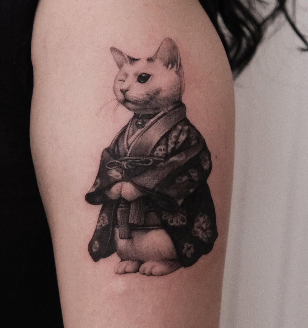 Adorable cat in traditional Japanese kimono tattoo Tattoo Design