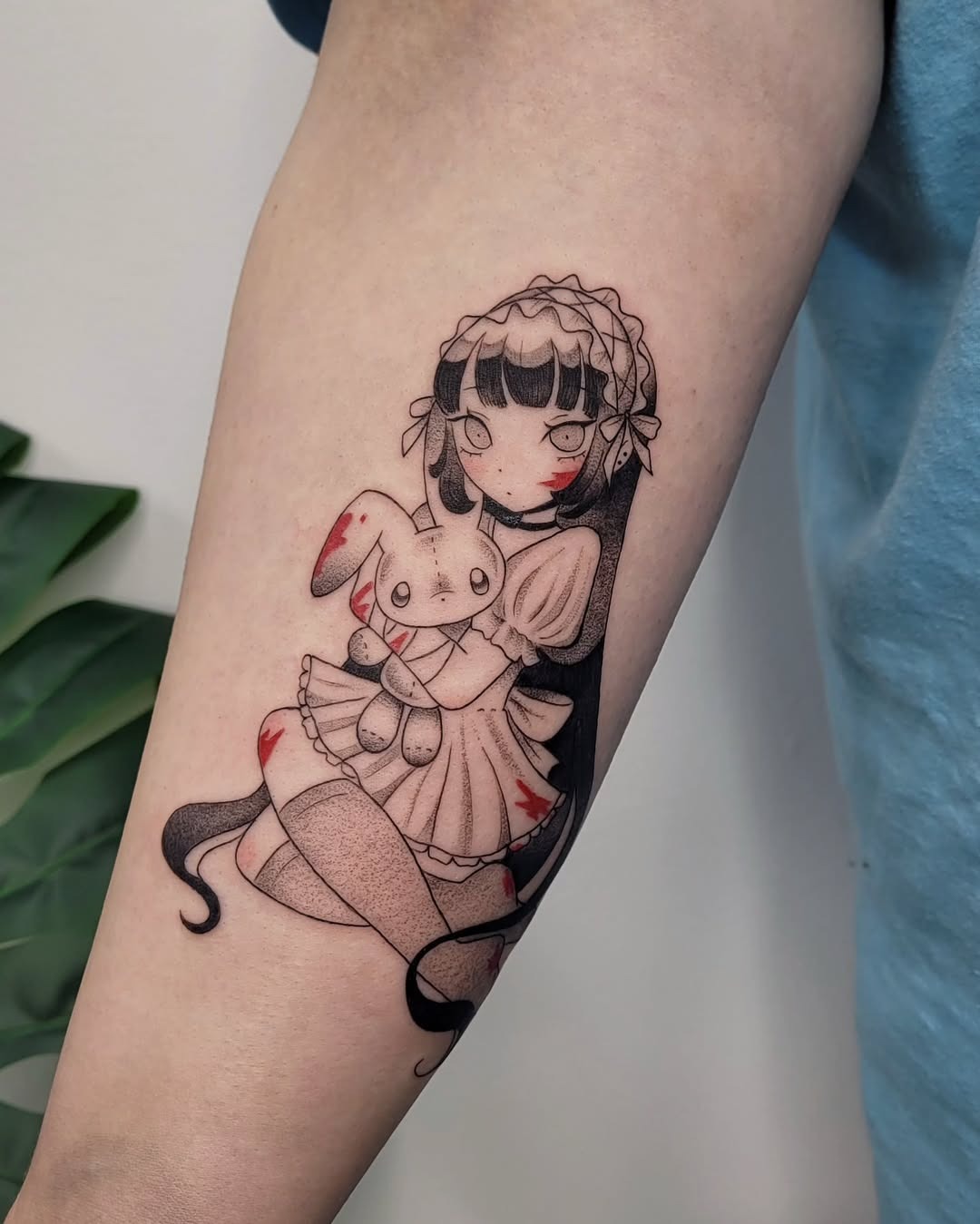 Adorable girl with plush bunny tattoo design Tattoo Design