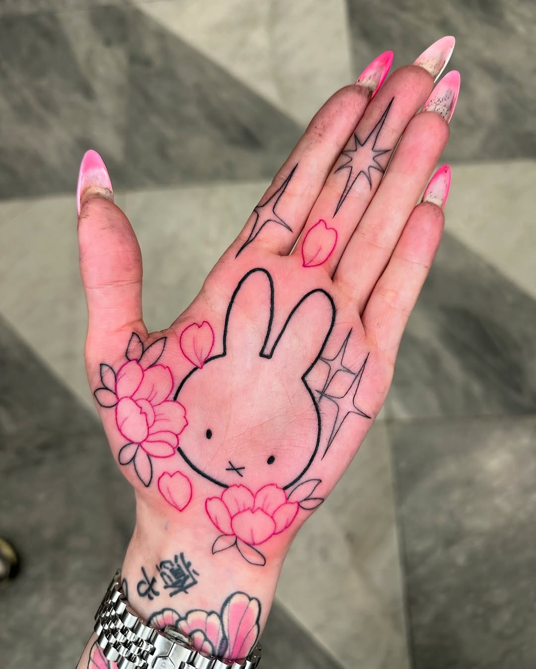Cute bunny tattoo with floral details Tattoo Design