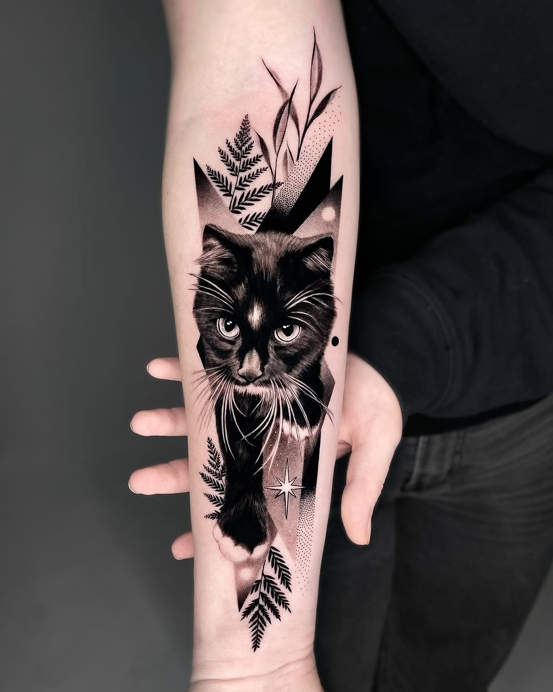 Stylish Cat Tattoo With Nature Elements Tattoo Design