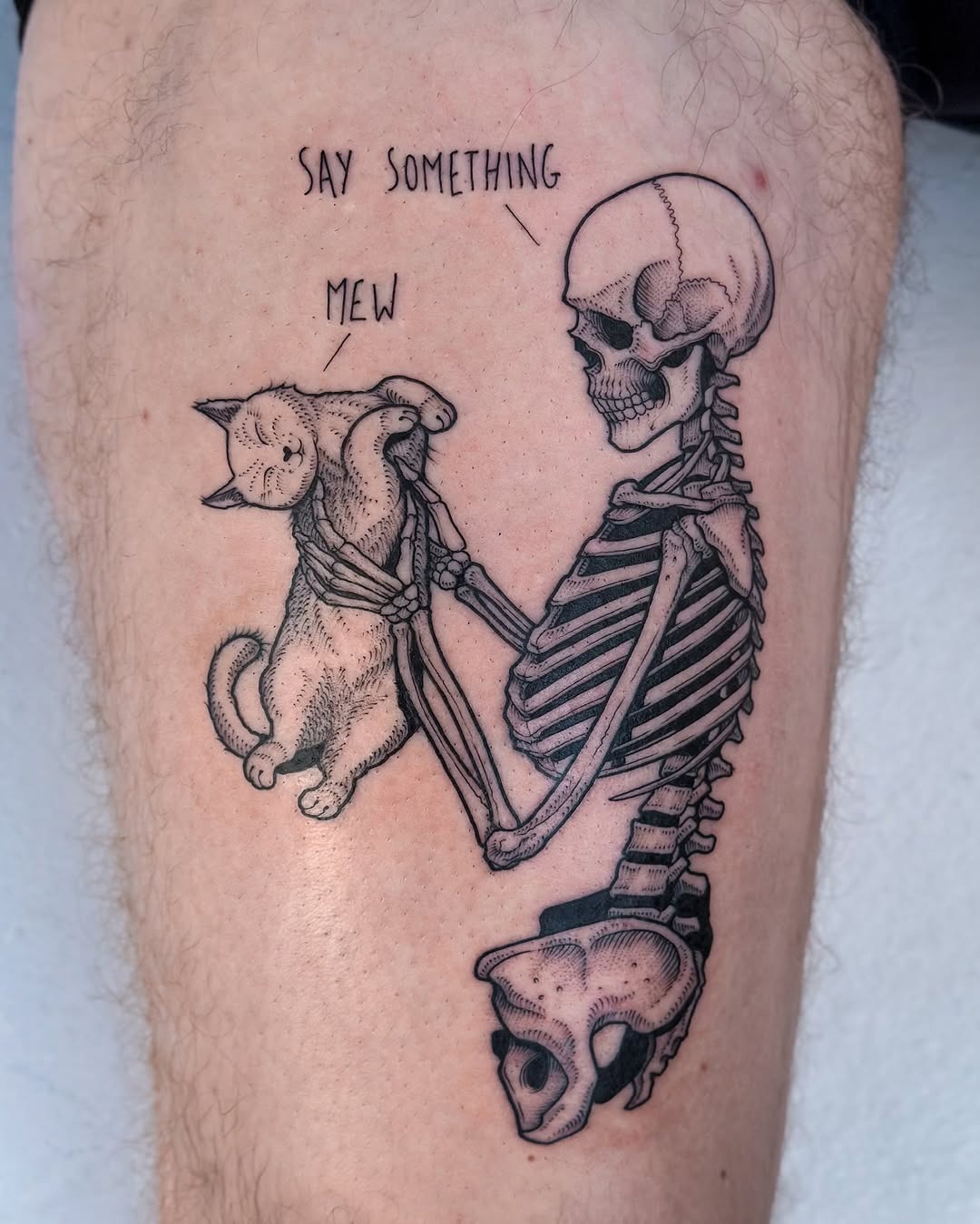 Whimsical skeleton and cat tattoo design Tattoo Design