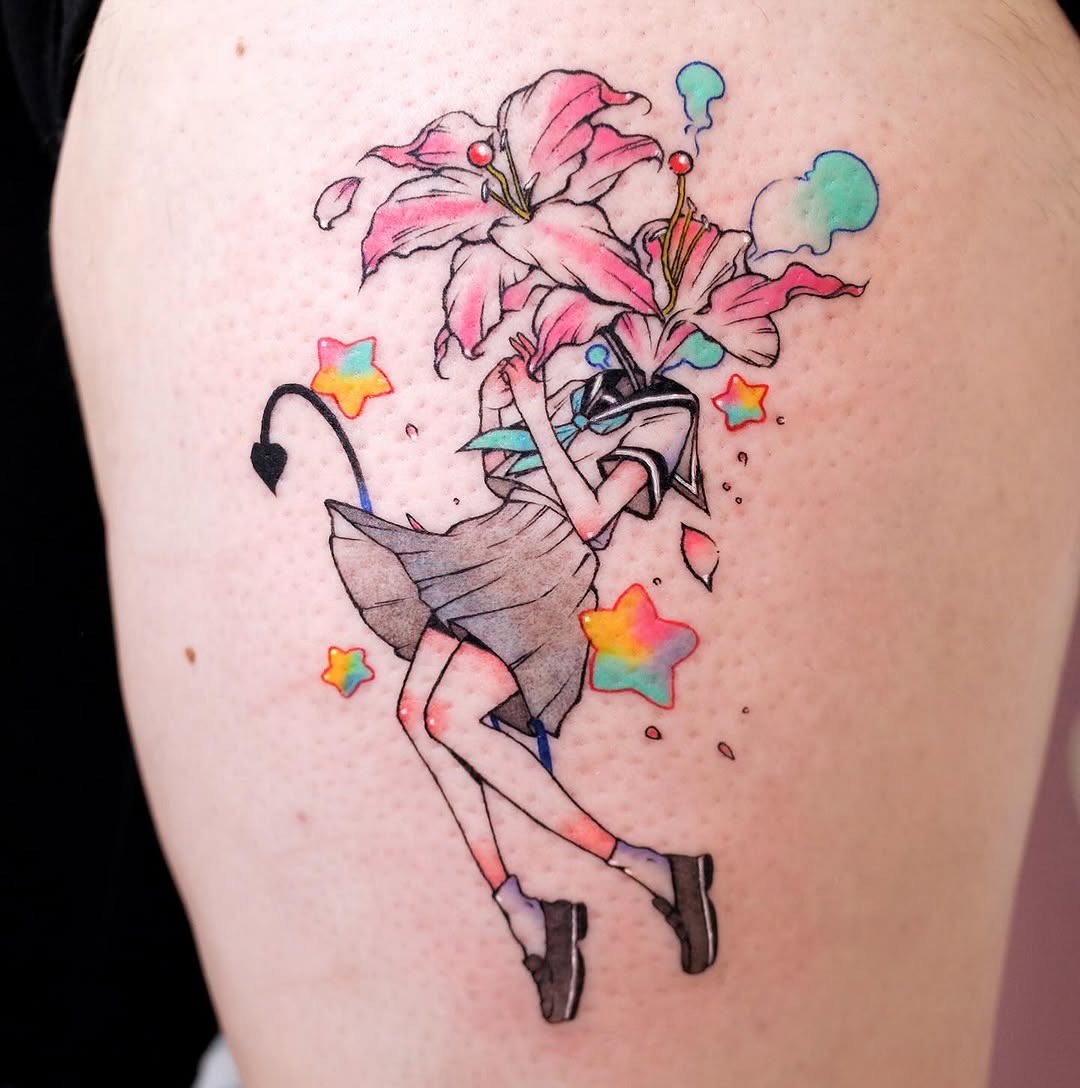 Whimsical tattoo of a girl with flowers Tattoo Design
