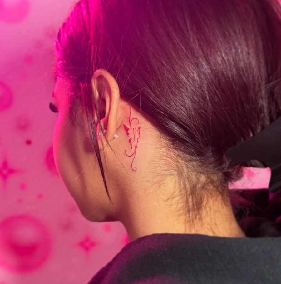 Elegant butterfly tattoo by the ear Tattoo Design