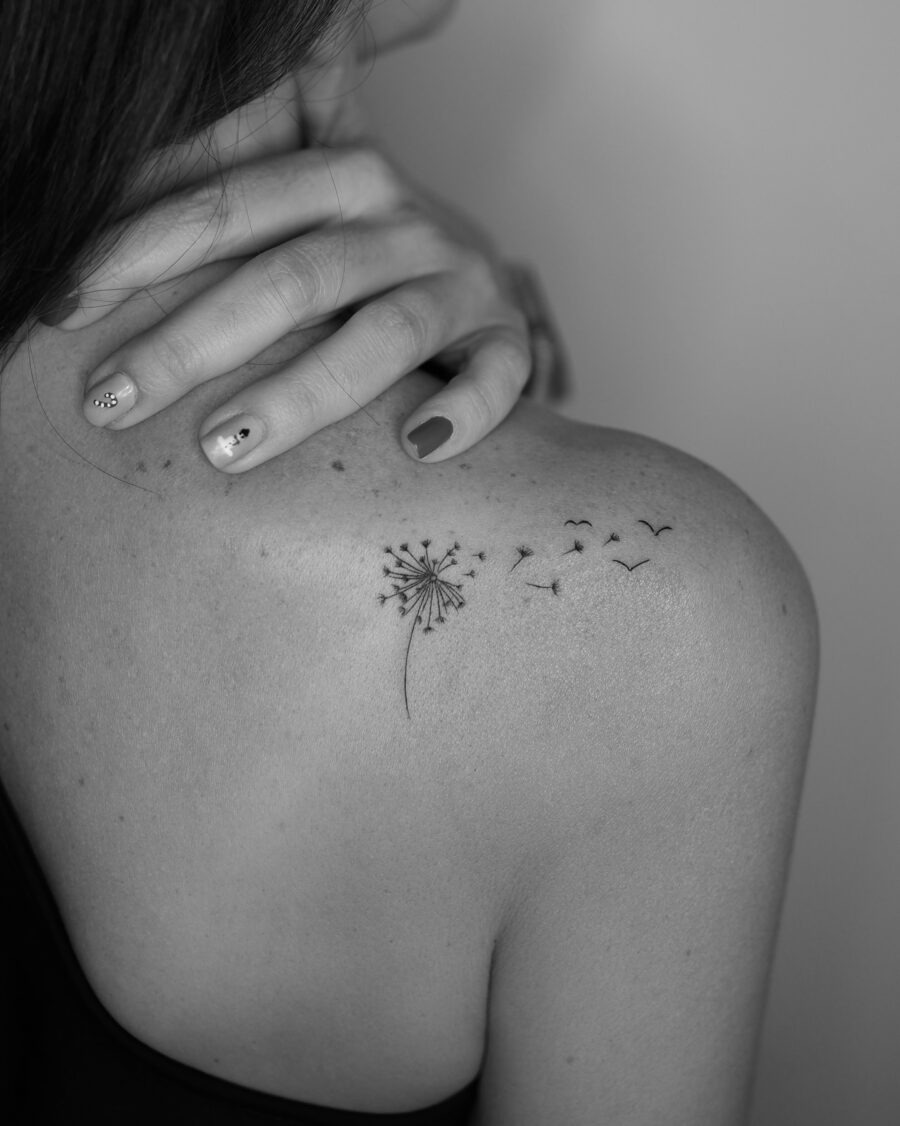 Elegant dandelion tattoo with flying birds Tattoo Design