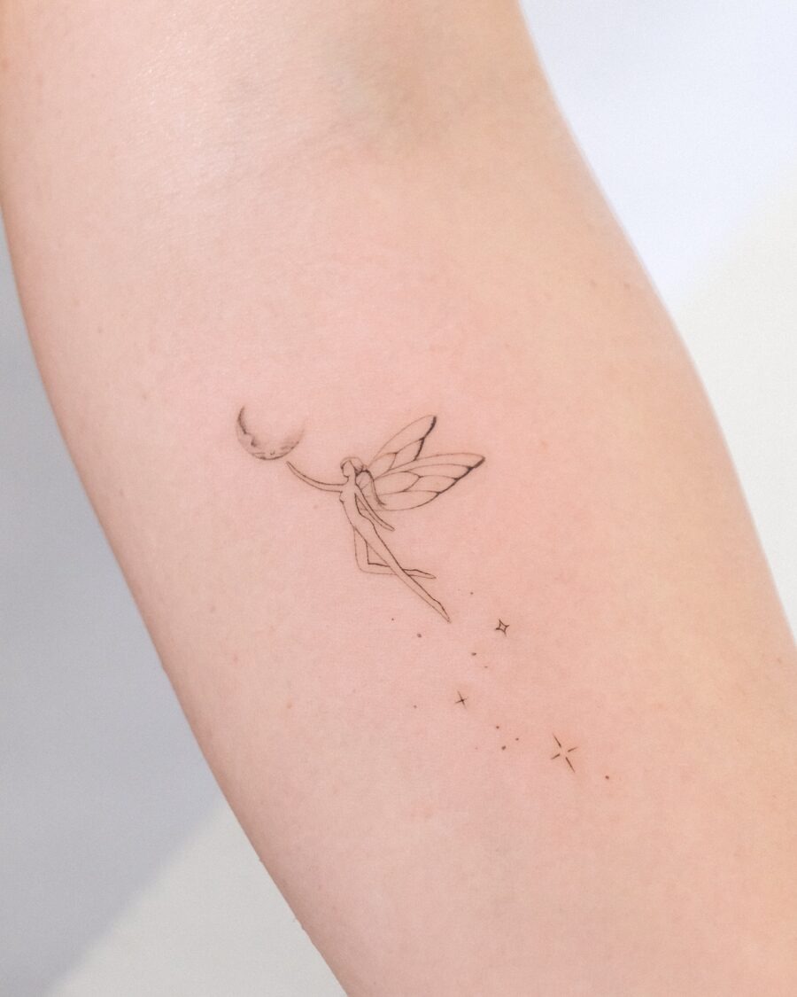Whimsical fairy with moon and stars tattoo Tattoo Design