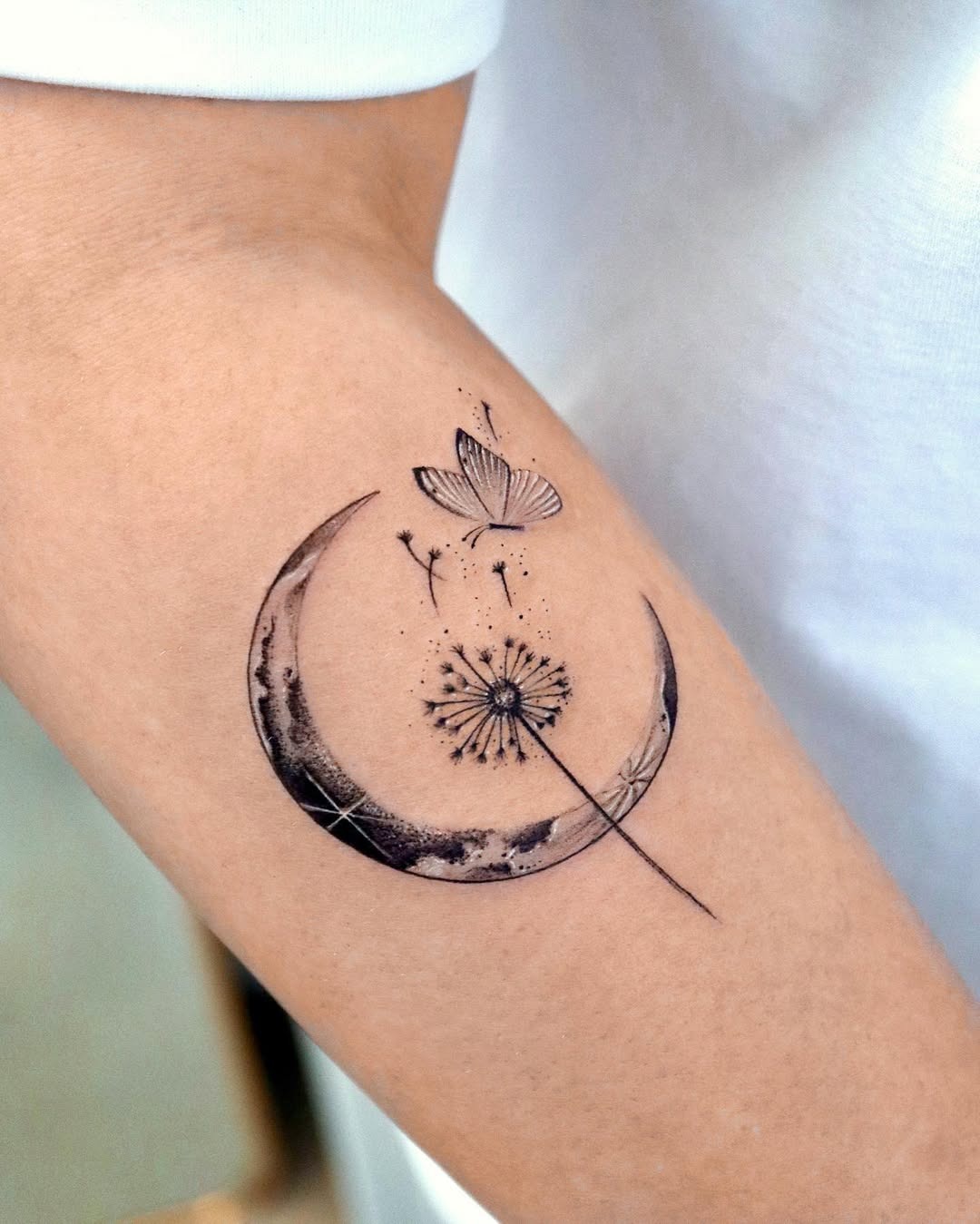 Charming dandelion tattoo with moon and butterfly Tattoo Design