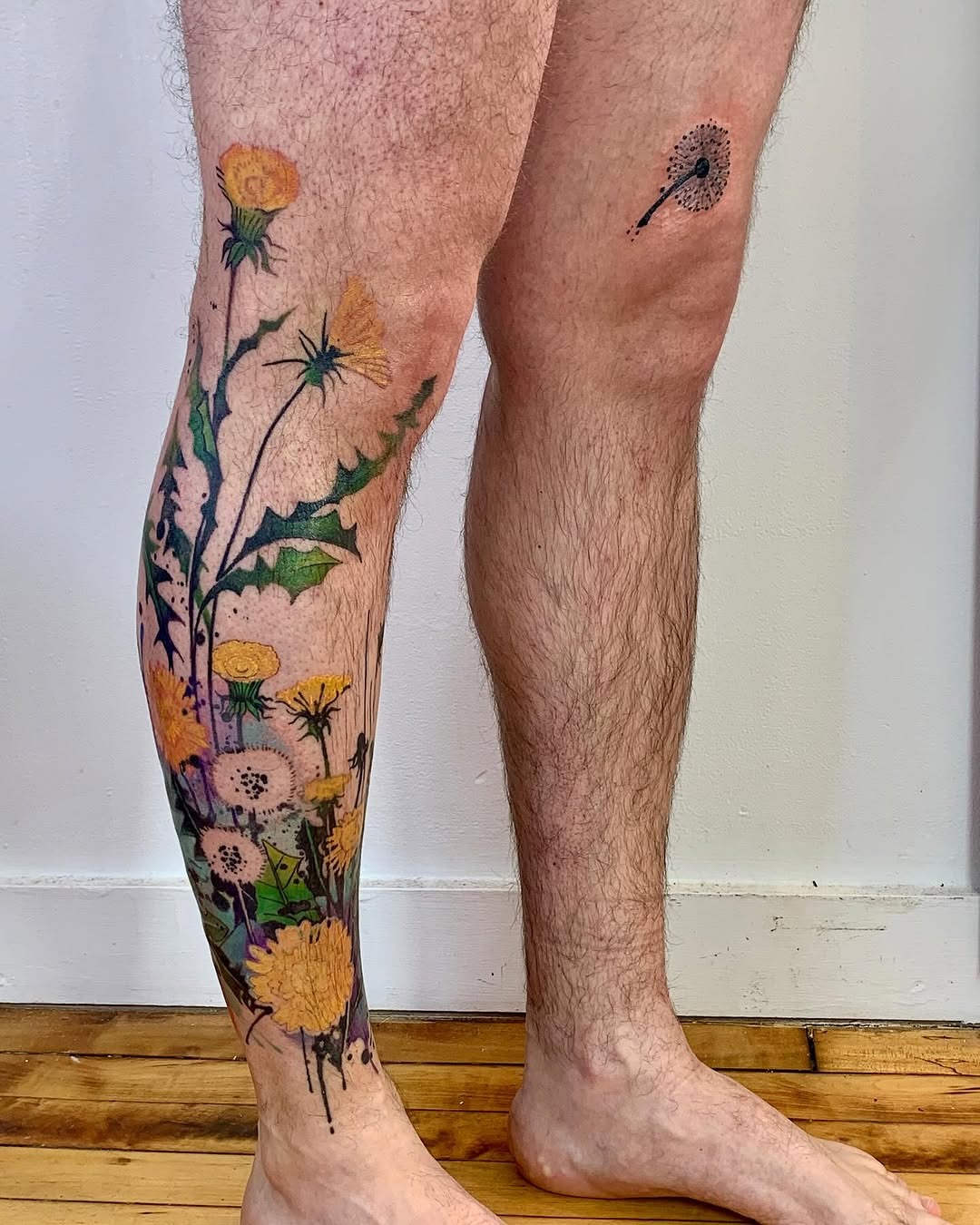 Vibrant Dandelion and Flower Tattoo on Leg Tattoo Design