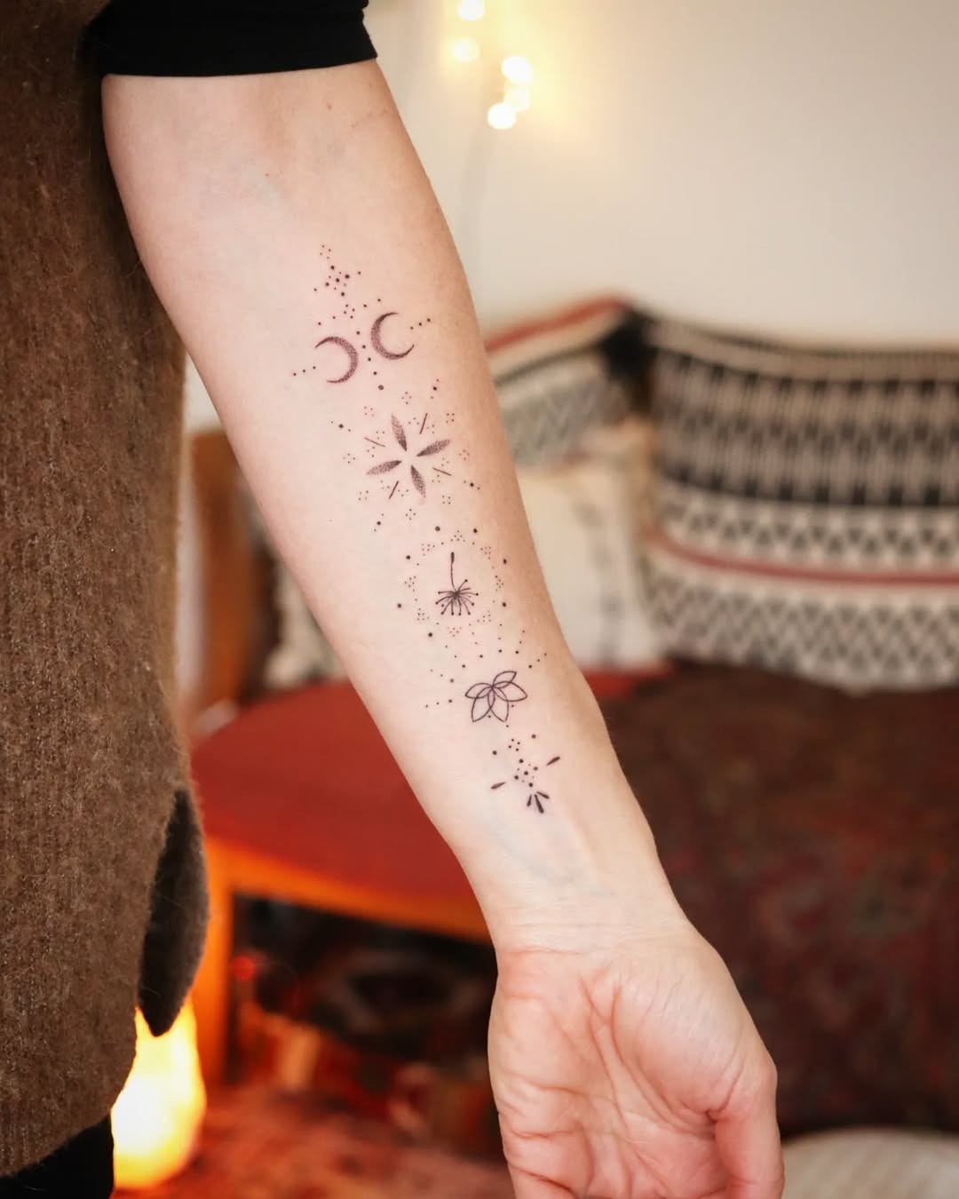 Whimsical Dandelion Tattoo with Celestial Elements Tattoo Design