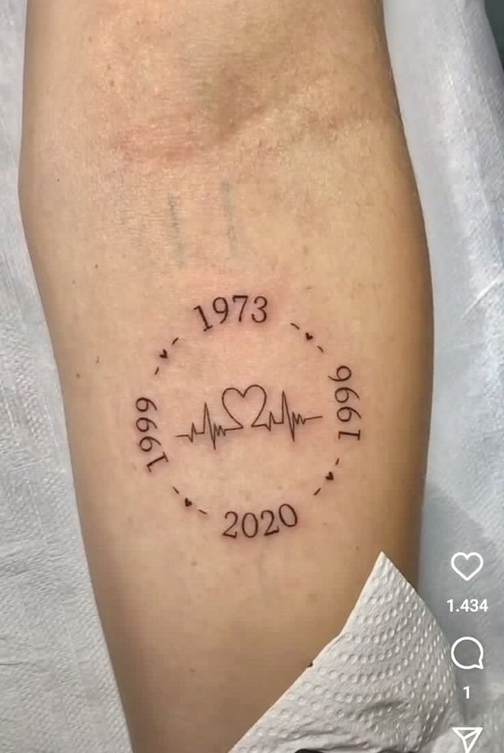 Circular Memorial Date Tattoo with Heartbeat Line Tattoo Design