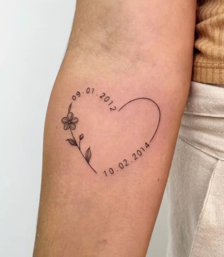 Heart Outline Date Tattoo with Flowers Tattoo Design