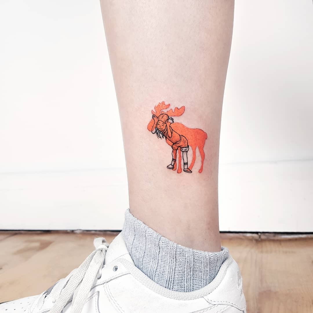 Casual deer tattoo with vibrant orange hues Tattoo Design