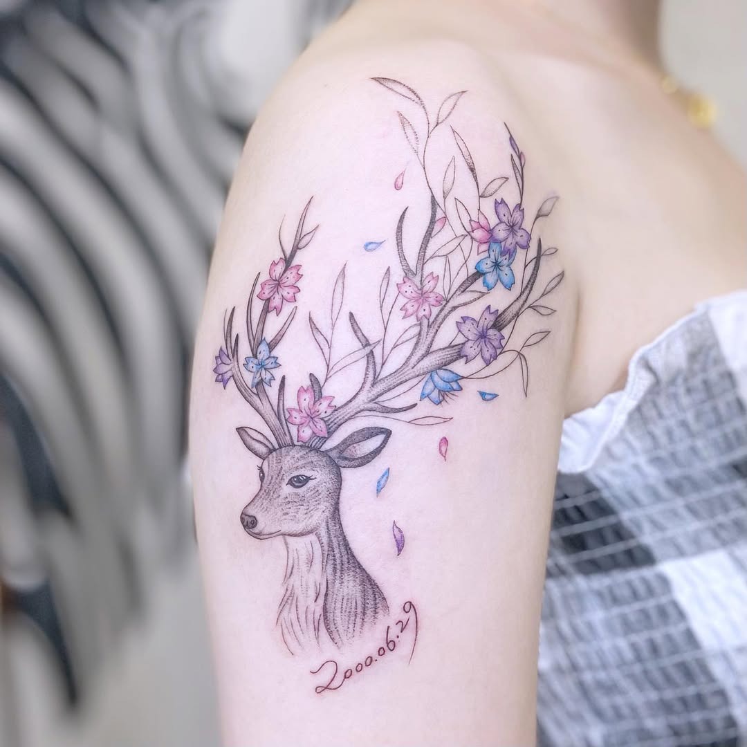 deer tattoo with floral antler design Tattoo Design