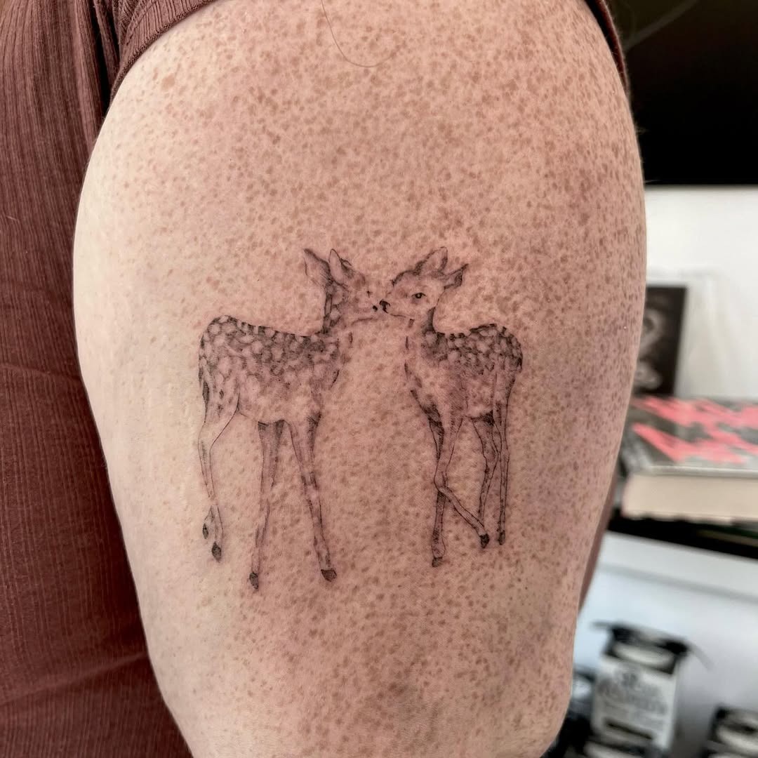 Sweet Kissing Fawns Tattoo on the Arm Tattoo Design