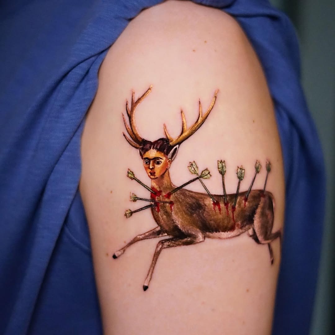 Whimsical deer with a human face design Tattoo Design