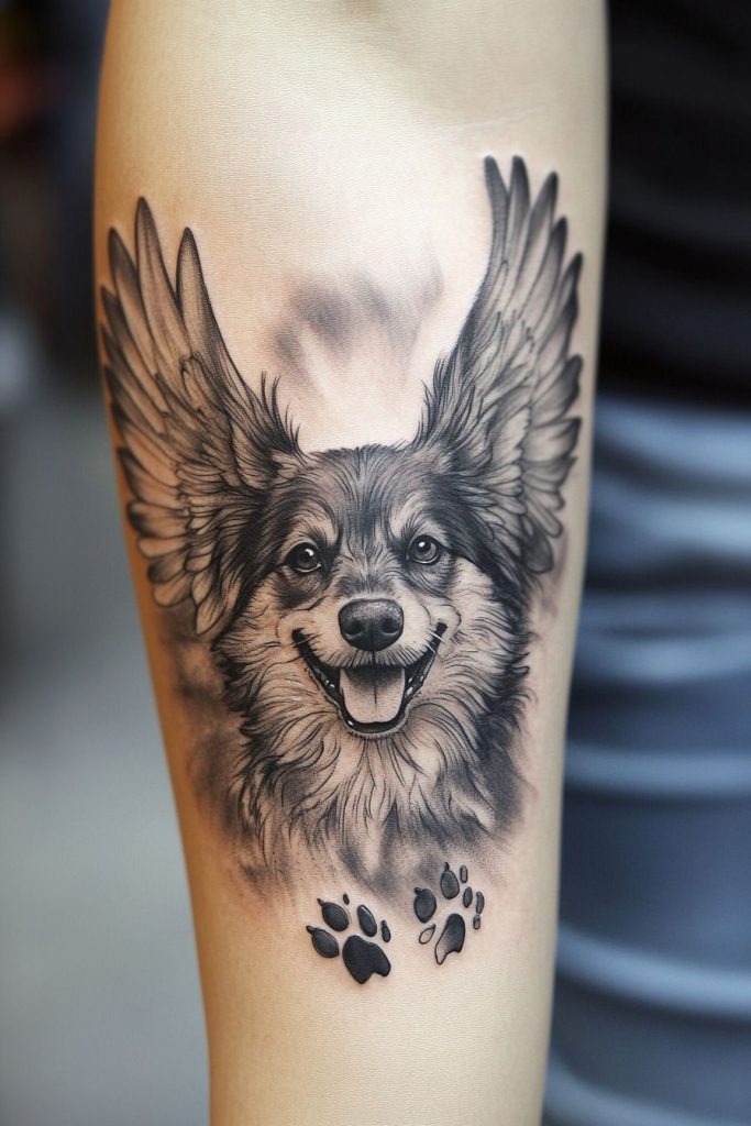 Angel Wings Dog Portrait With Tiny Paws Tattoo Design