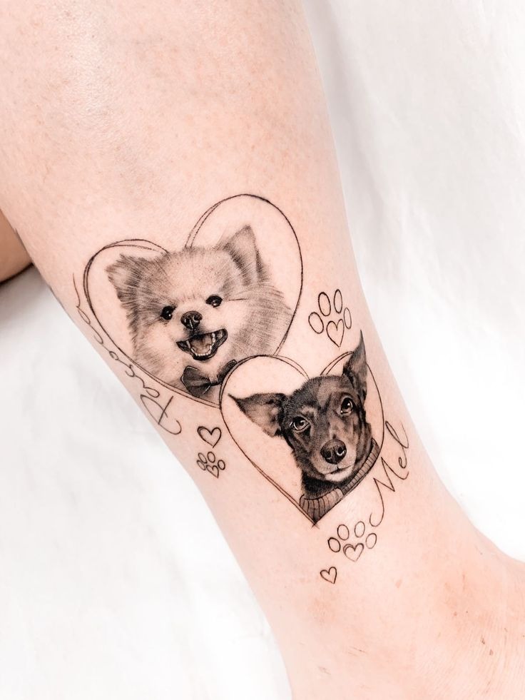 Double Heart Portraits For Two Dogs Tattoo Design