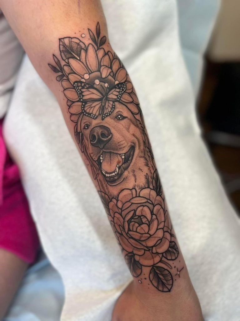 Floral Crown Dog Memorial Sleeve Tattoo Design