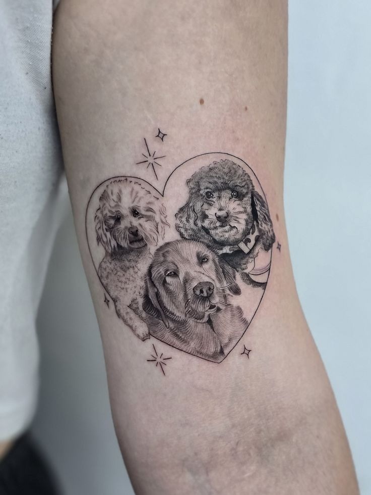 Heart-Shaped Trio Dog Portrait Tattoo Design