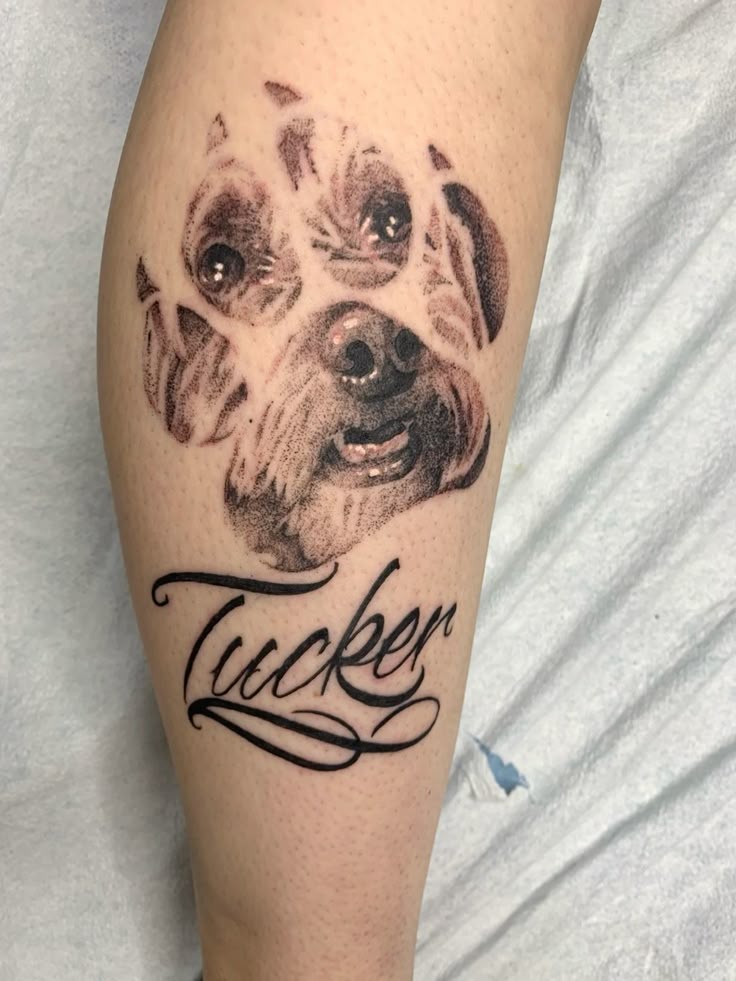 Paw-Print Portrait With Flowing Name Tattoo Design